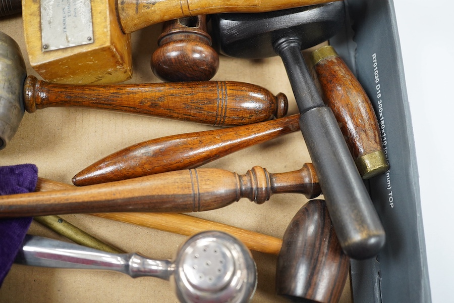 A collection of assorted wooden and metal gavels, largest 27cm long. Condition - used, poor, fair and good